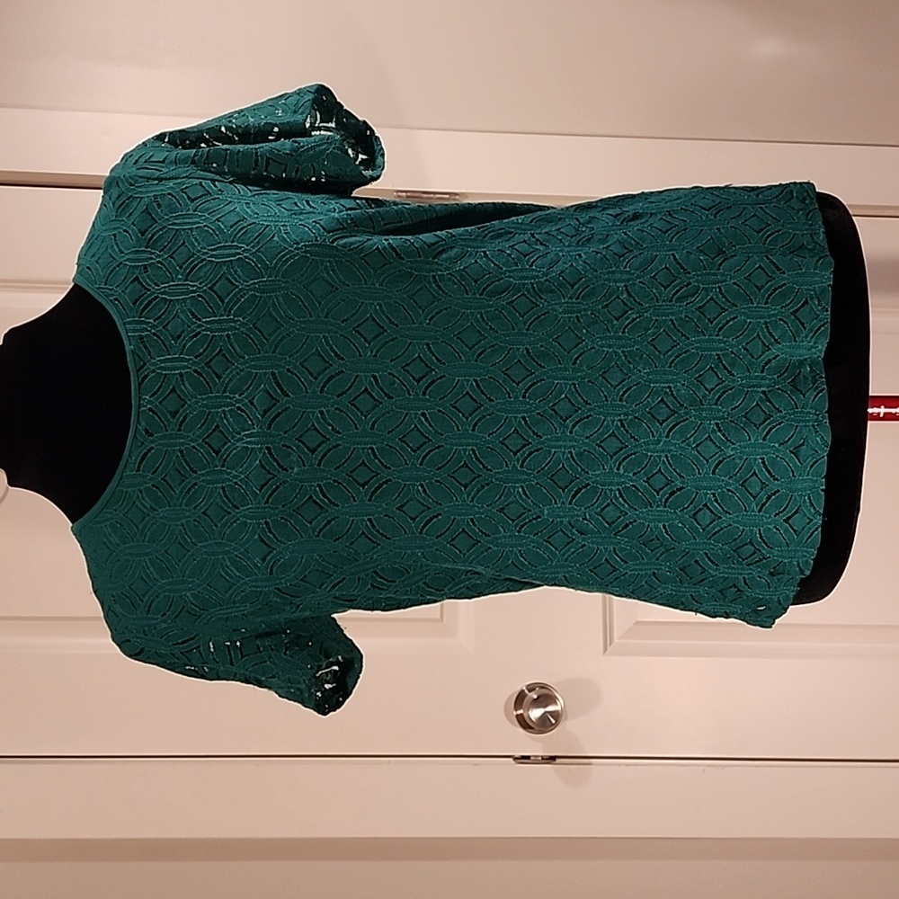 Green lace blouse, short sleeve, back zip, Market & Spruce, Large